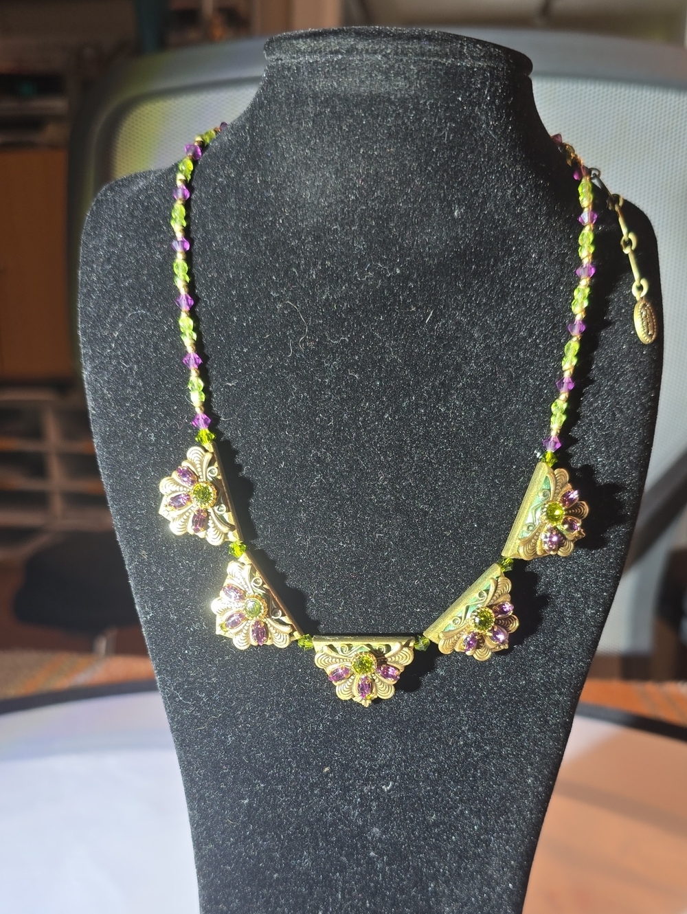 Michal Golan Amethyst & Olivine Green Swarovski Crystal Mosaic Triangle Necklace